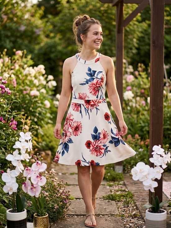 Almost Famous Dresses & Skirts - Almost Famous Cream Halter Fit-and-Flare Dress with Red & Blue Floral Print